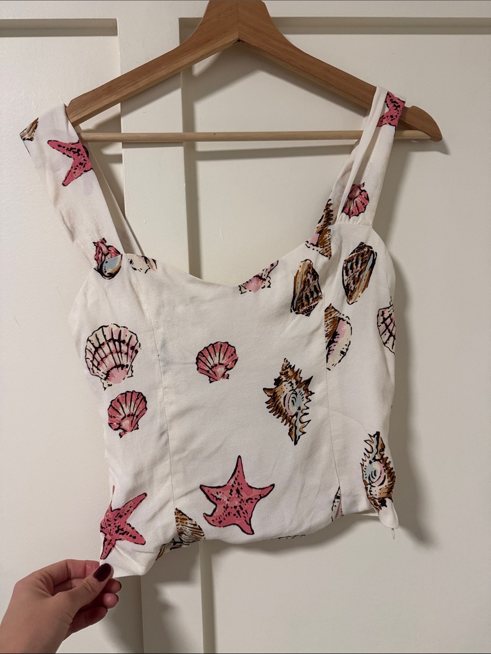 Reformation White Crop Tank with Pink Shell & Starfish Print